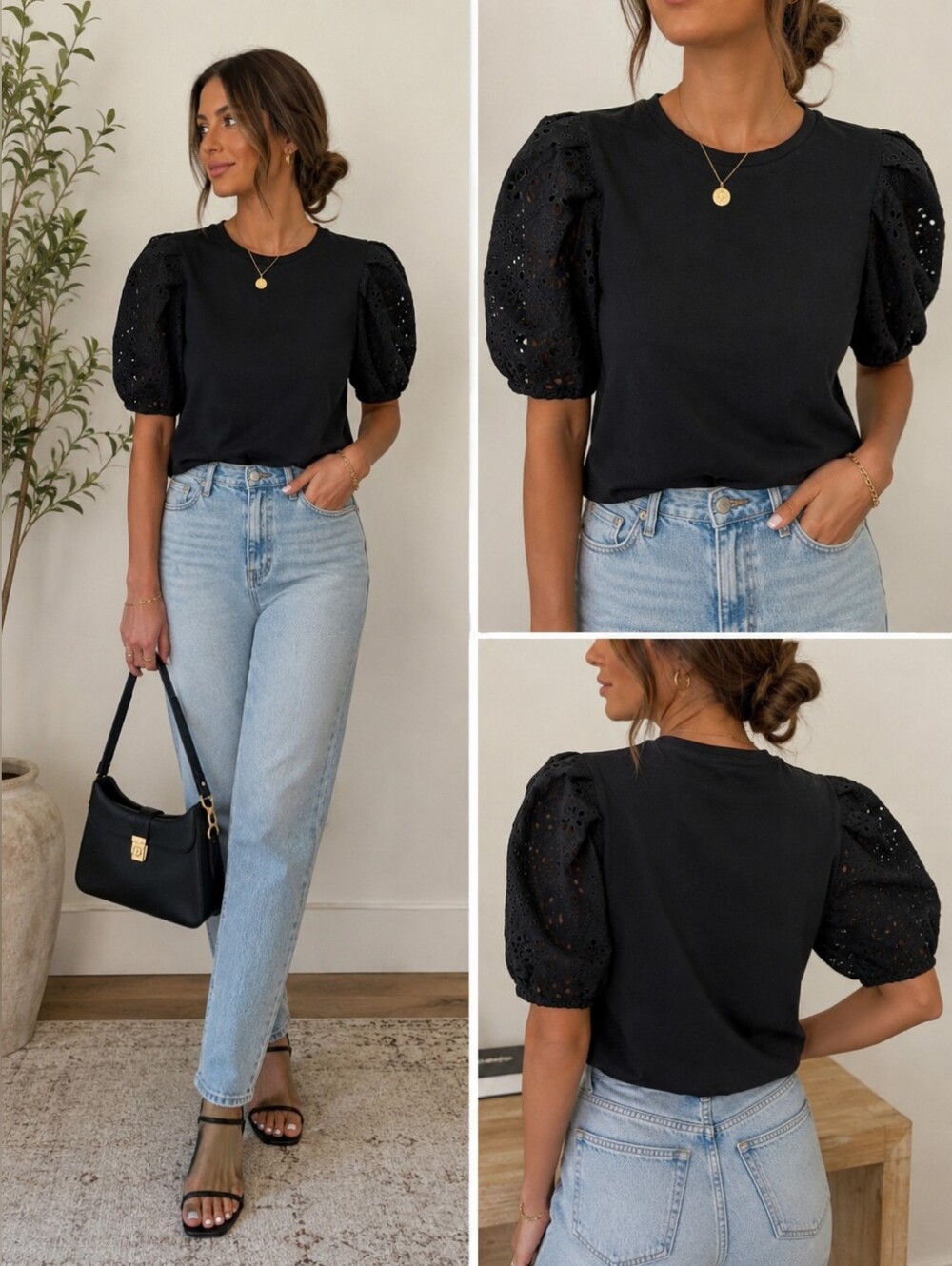 Zara Black Puff Sleeve Eyelet Top Size Medium Statement Sleeve Blouse